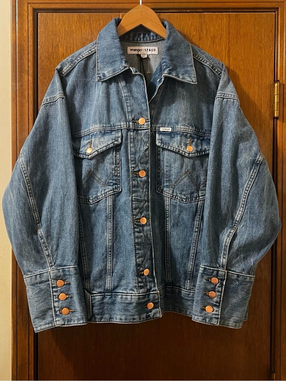 Staud Wrangler The Biggest Jean Denim Trucker Jacket New S M 90s Y2K Oversized - Picture 2 of 15